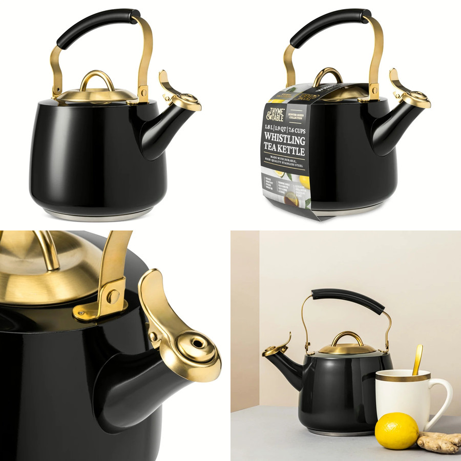 Thyme & Table 1.9 QT Whistling Kettle Black Gold Stainless Steel Kitchen Accent