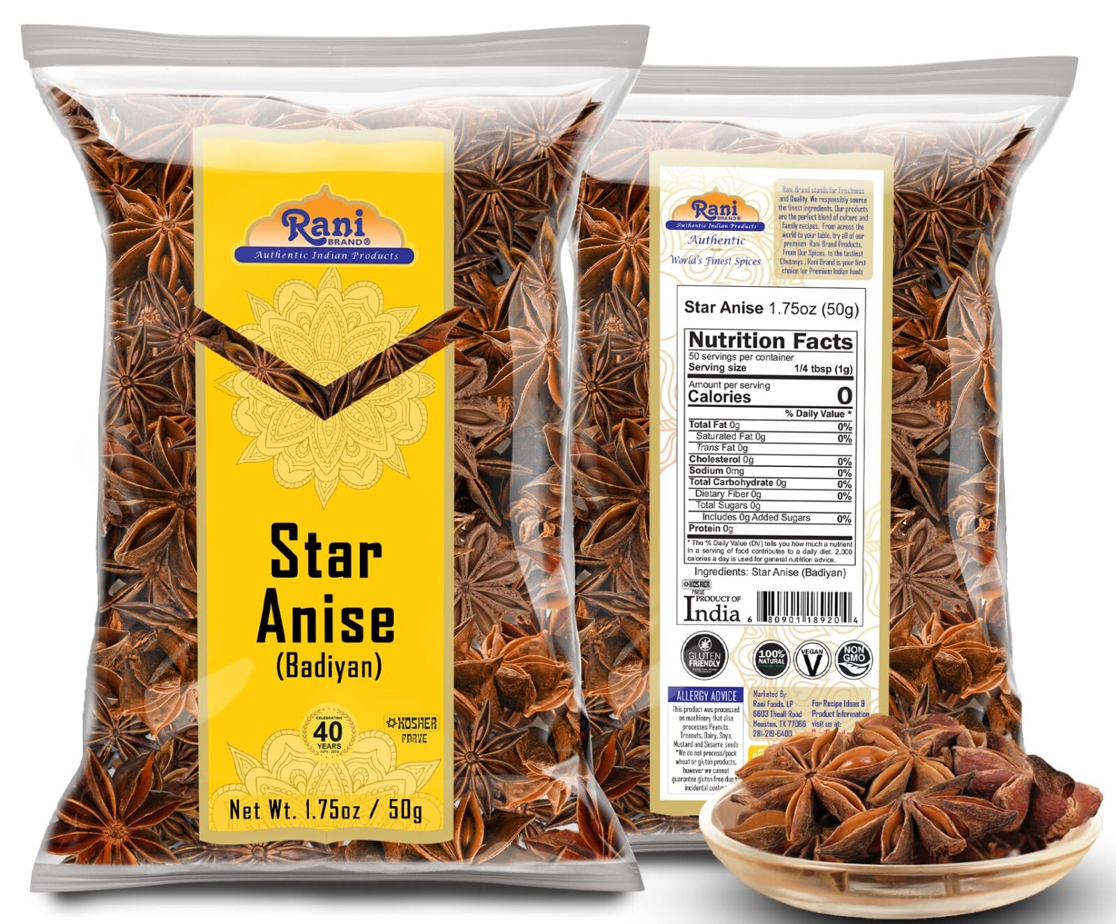 Rani Star Anise Seeds, Whole Pods (Badian Khatai) Spice 1.75oz (50g)