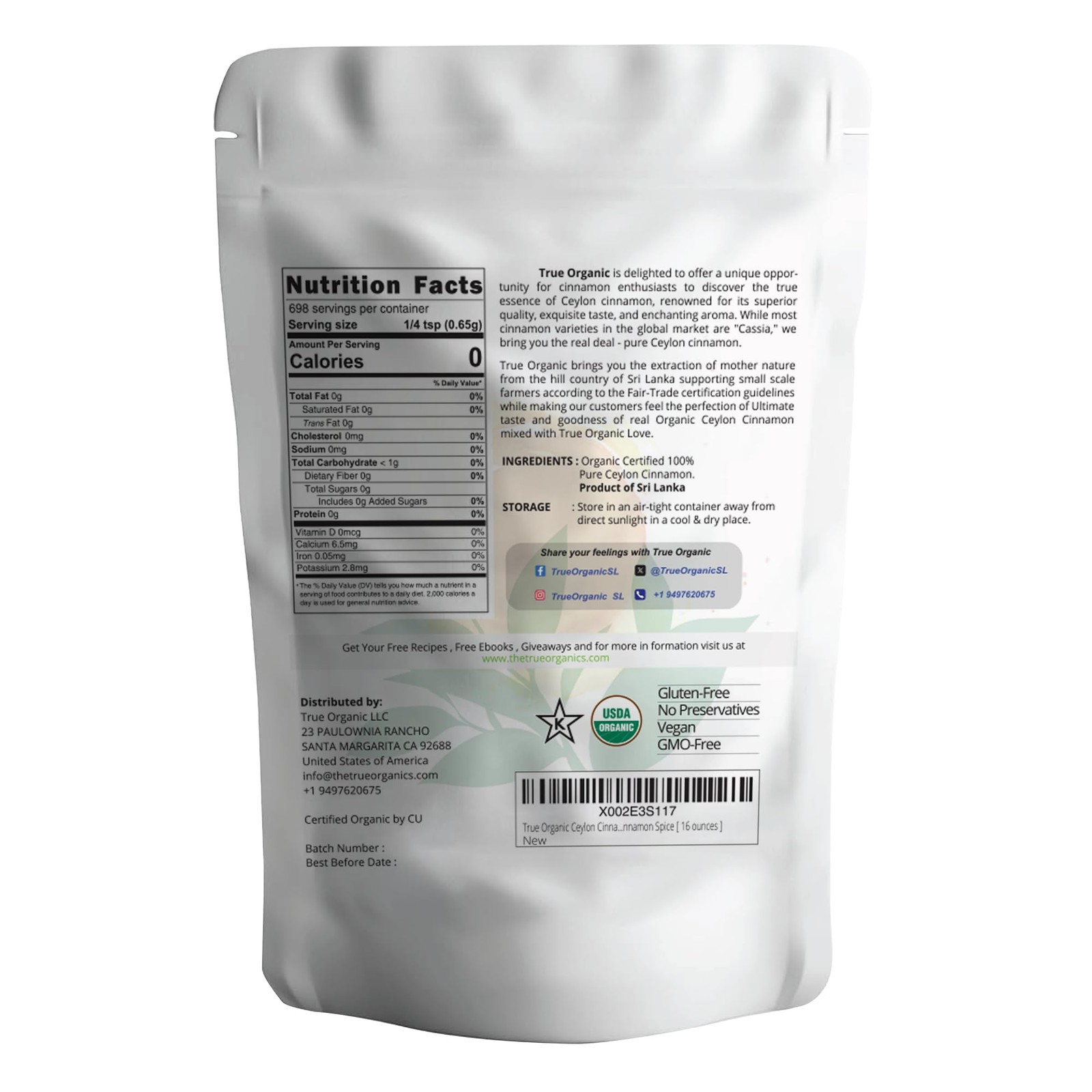 Organic Ceylon Cinnamon Powder 1 lb USDA Certified Ground Spice