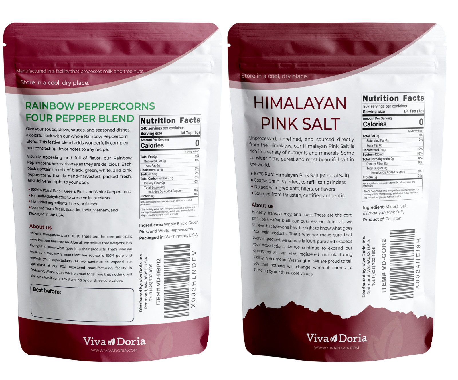 Viva Doria Rainbow Peppercorn, 12 oz – Himalayan Pink Salt Coarse Grain, 2 lb