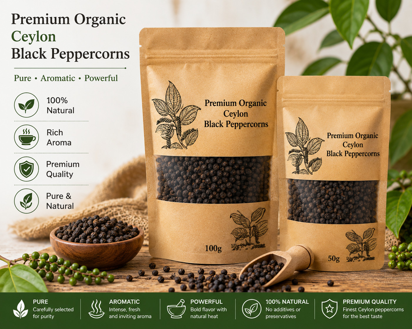 Premium Ceylon Black Peppercorns Whole Sri Lankan | Fresh Pure Natural | DDP-USA