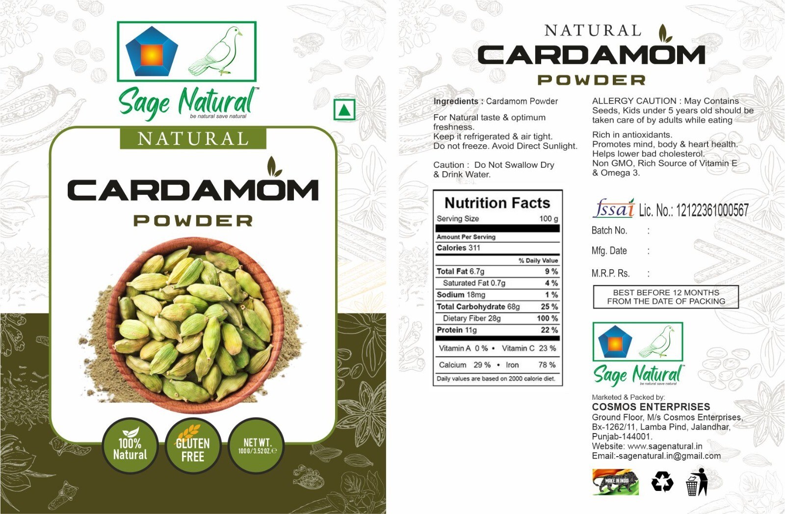 Cardamom seeds pods ground powder Pure Natural organic spices best quality 100g
