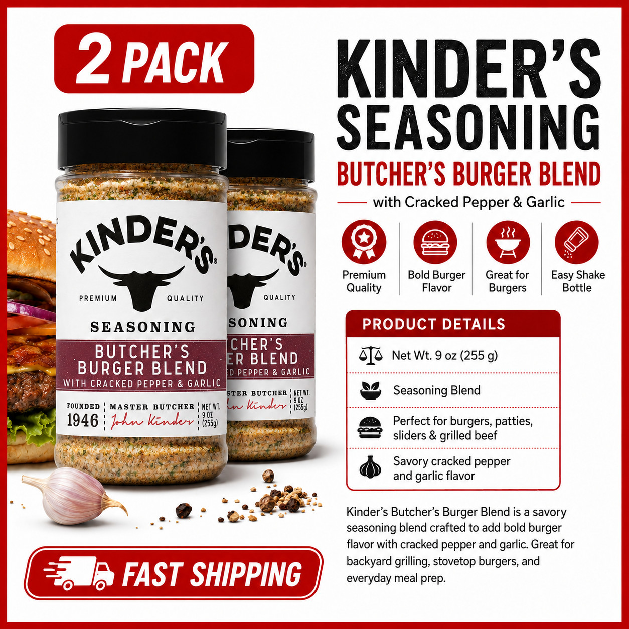 2 Pack Kinder’s Butcher’s Burger Blend Seasoning 9 oz EACH
