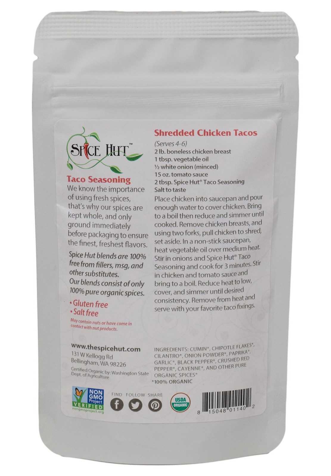 Organic Taco Seasoning Mix by Spice Hut, Salt-Free, Authentic Southwestern Se…