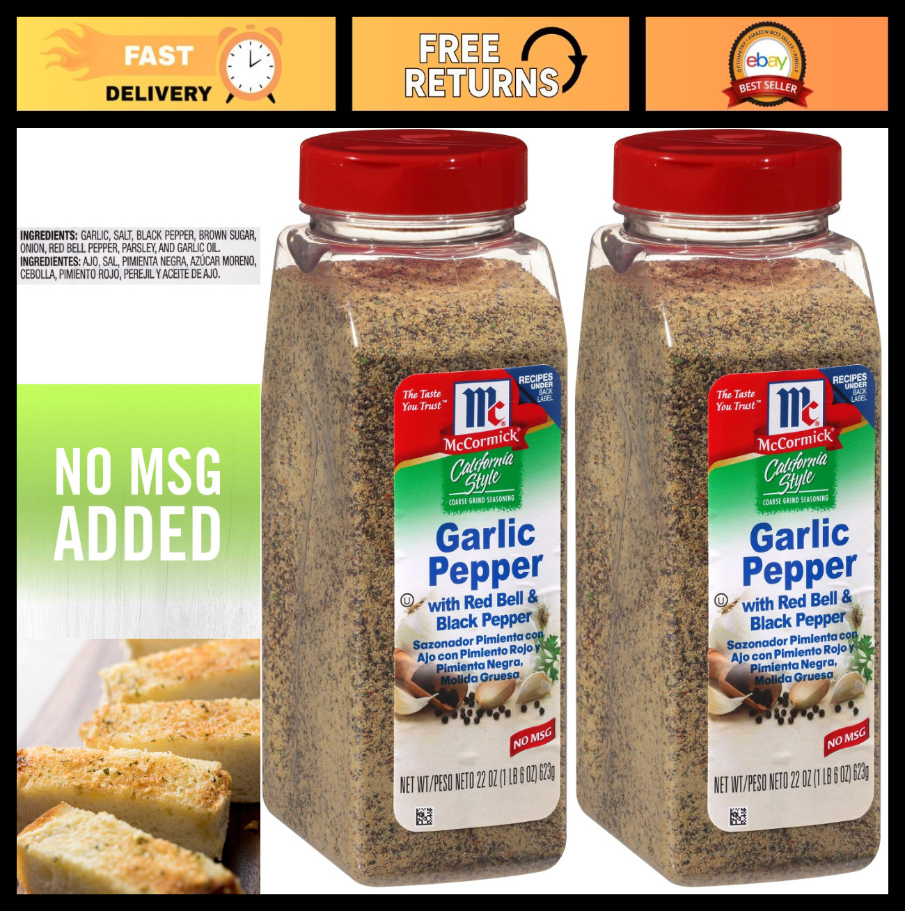 Garlic Pepper Seasoning with Red Bell & Black Pepper – Coarse Grind, 22 oz (2 Pa