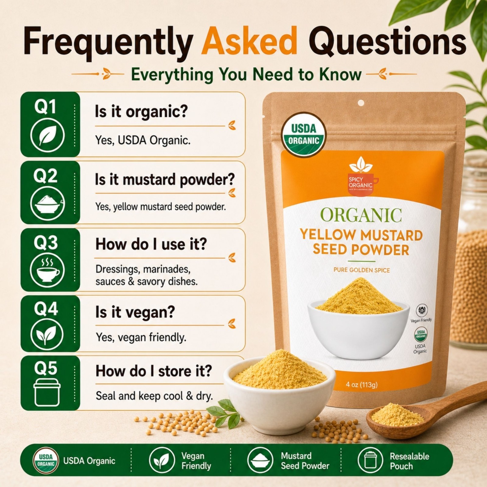 Spicy Organic Yellow Mustard Seeds 16 oz | USDA Organic
