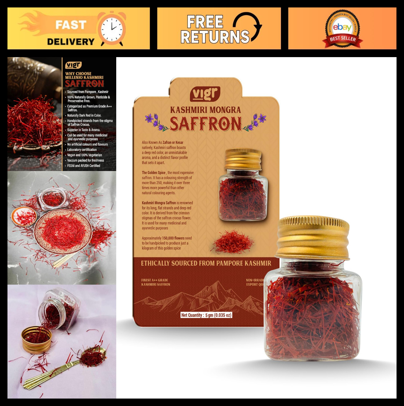Pure Kashmiri Mongra Saffron – Grade A++, Lab Tested, 100% Handpicked, High Croc