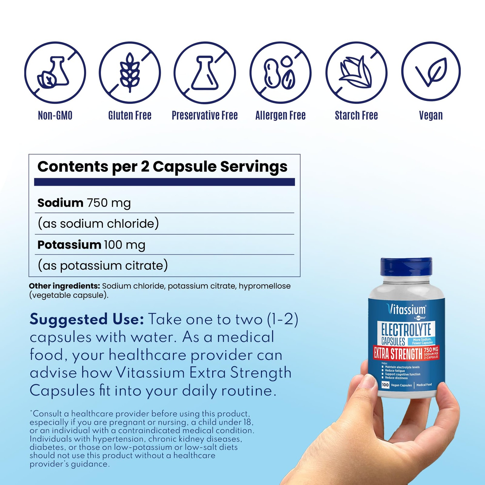 Vitassium Extra Strength Electrolyte Capsules, 750mg of 100 Count (Pack 1)