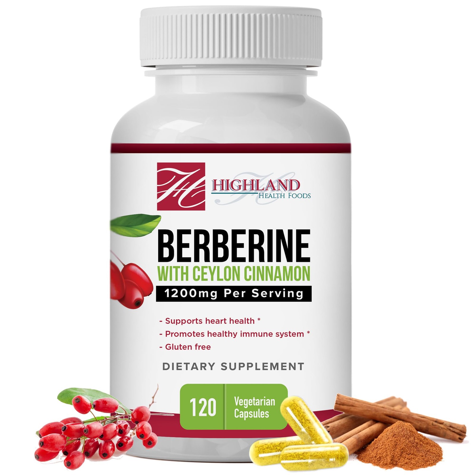 Highland Health Foods Berberine with Ceylon Cinnamon 120 Count (Pack of 1)