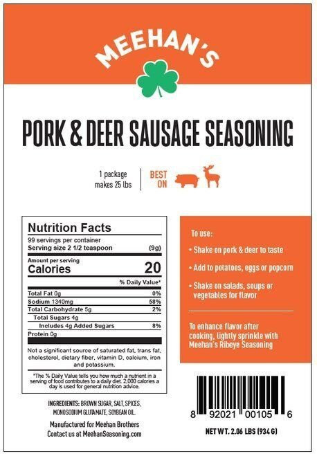 Meehan’s Pork and Deer Sausage Seasoning, 2.06lbs. Makes 25lbs.