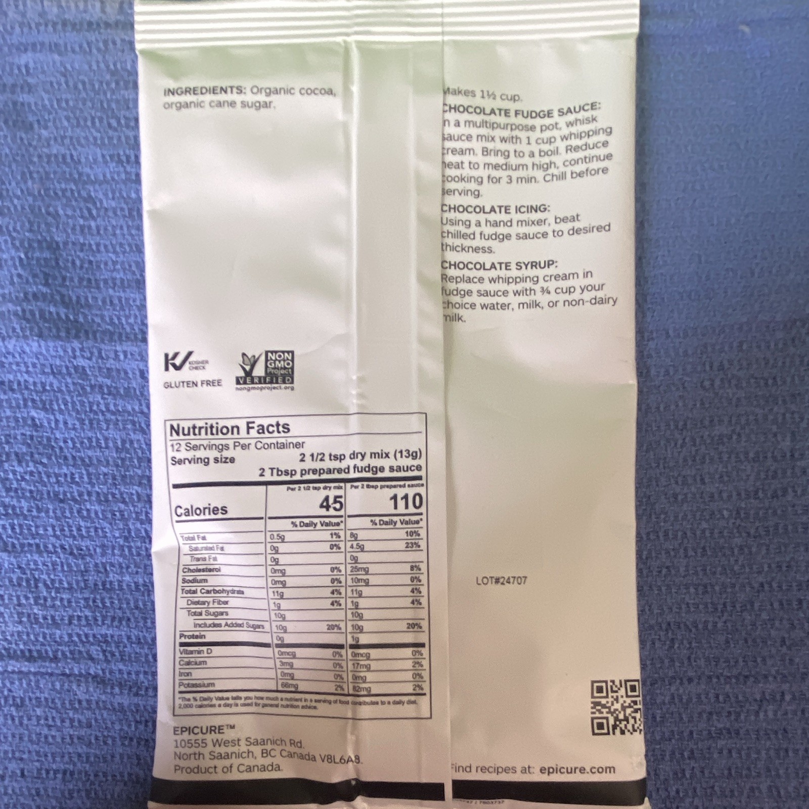 Epicure Chocolate Fudge Sauce Mix Packet 153 g Gluten Free Non-GMO Verified