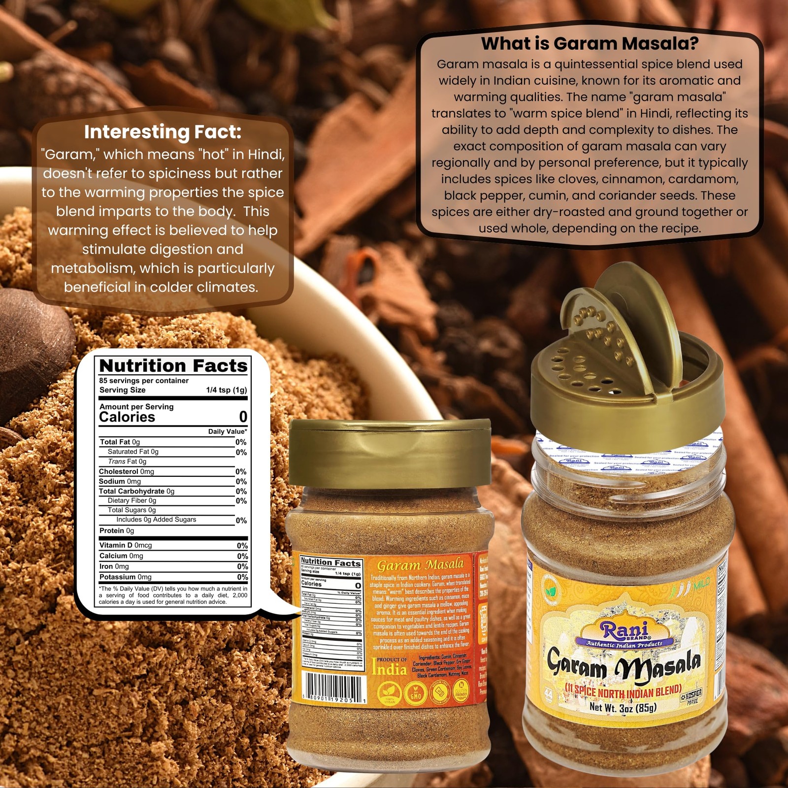 Rani Garam Masala Indian 11Spice Blend 3oz 85g PET Jar ~ All Natural, SaltFre…