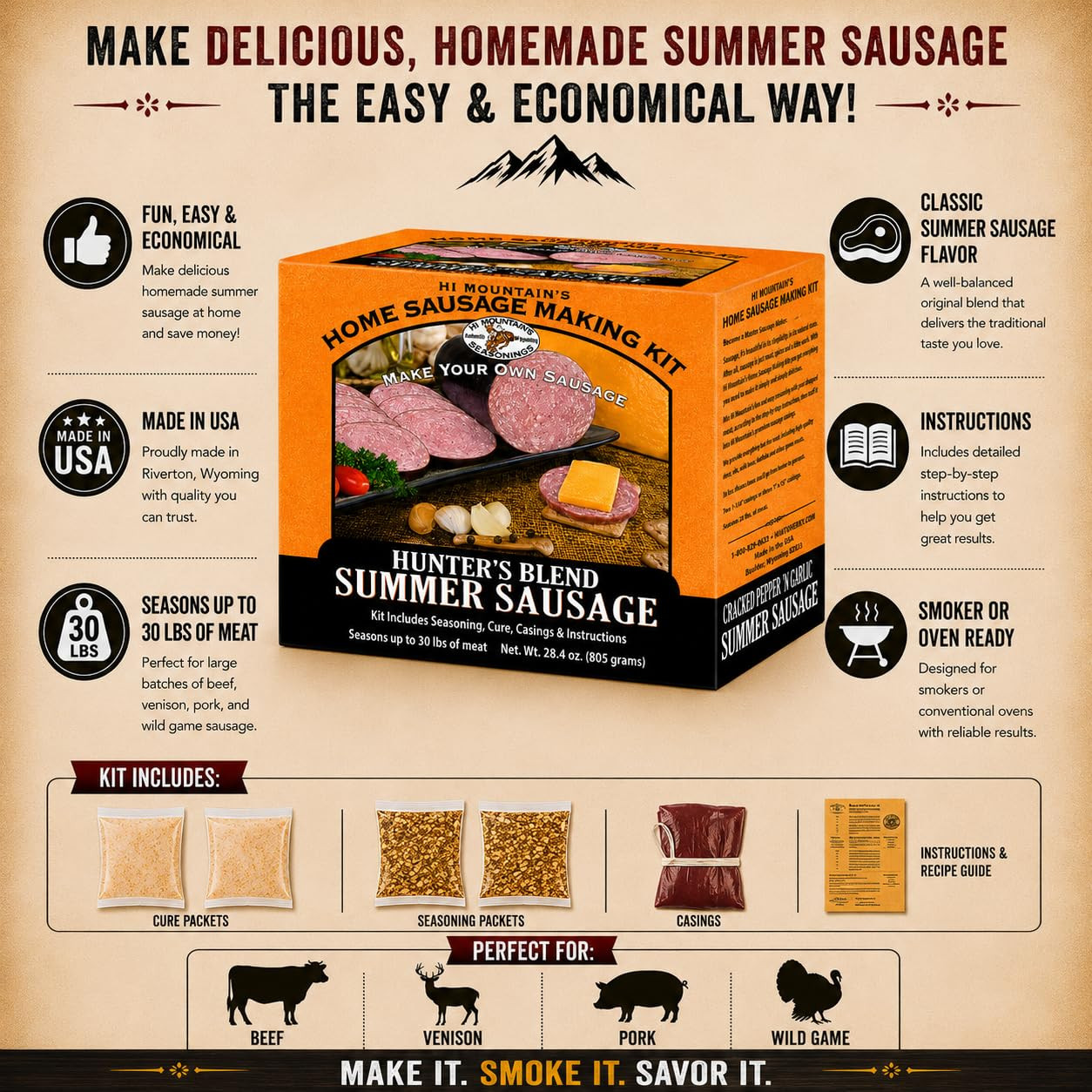 Hi Mountain Summer Sausage Seasoning Kit | CRACKED PEPPER ‘N GARLIC | Includes 1