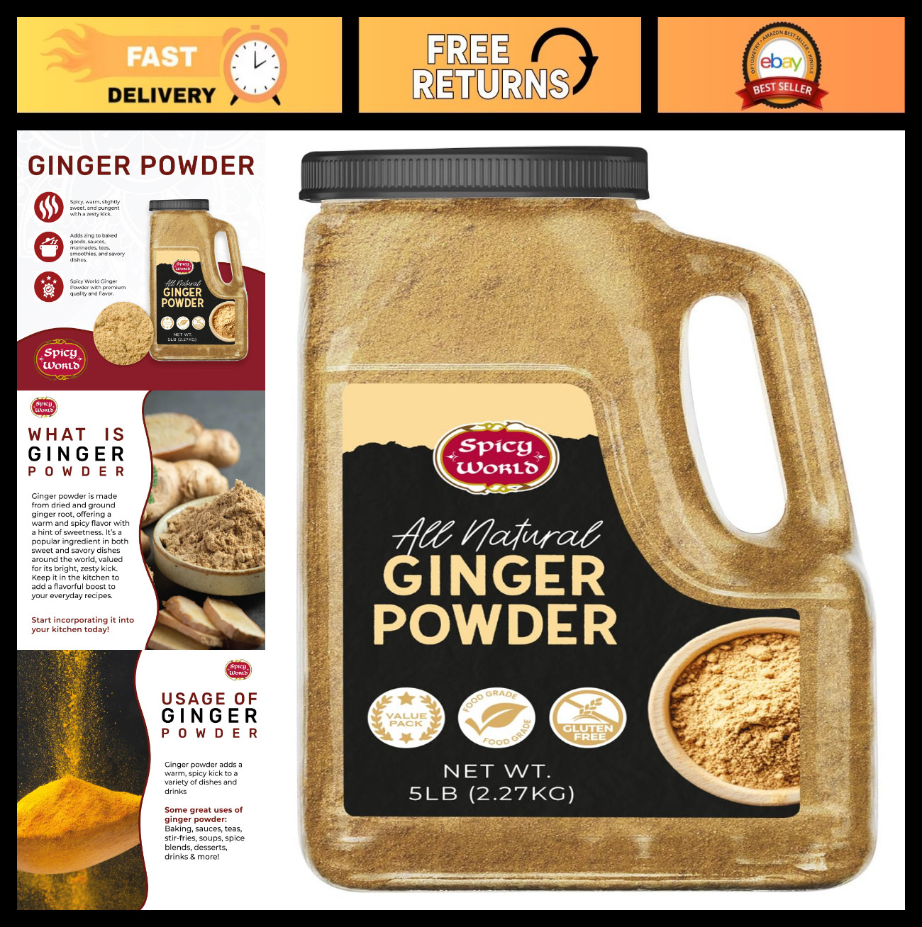 Bulk Ginger Powder 5 LB – Gluten Free Ground Dried Ginger Root for Cooking, Baki