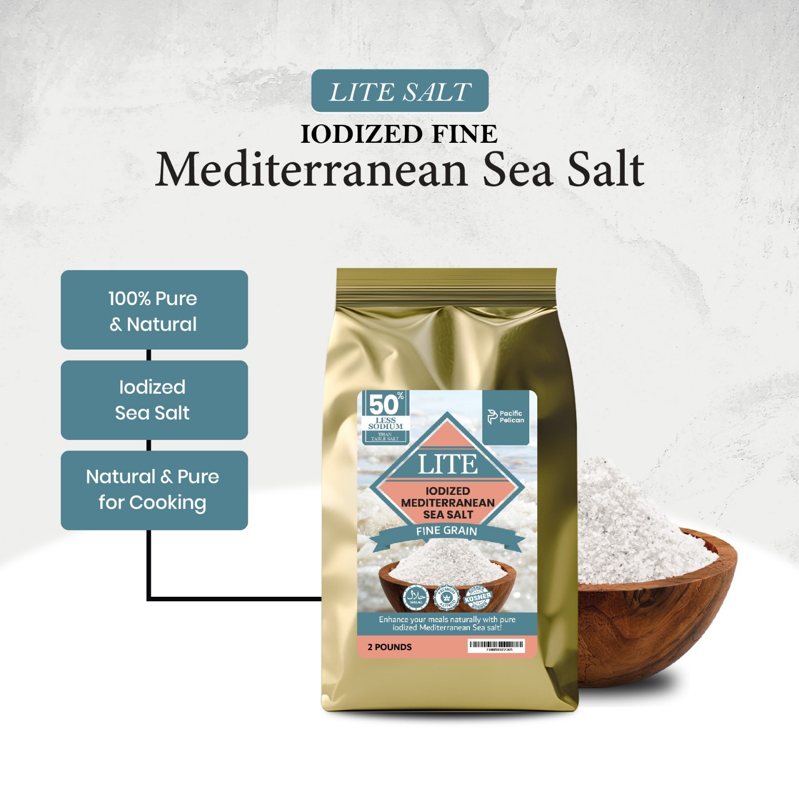 Pacific Pelican Iodized Mediterranean Lite Sea Salt, Fine Grain – 2 Pounds