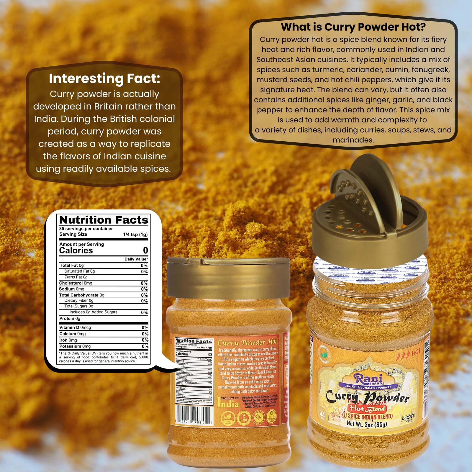 Rani Curry Powder Hot (11-Spice Authentic Indian Blend) 3oz (85g) PET Jar