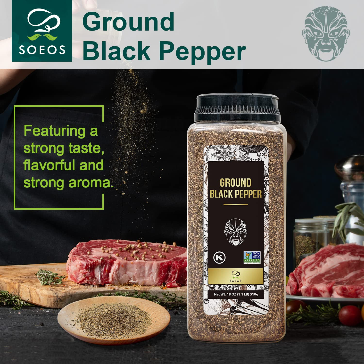 Soeos Table Ground Black Pepper, 18 Oz (510G) Non-Gmo, Freshly Peppercorn Powder