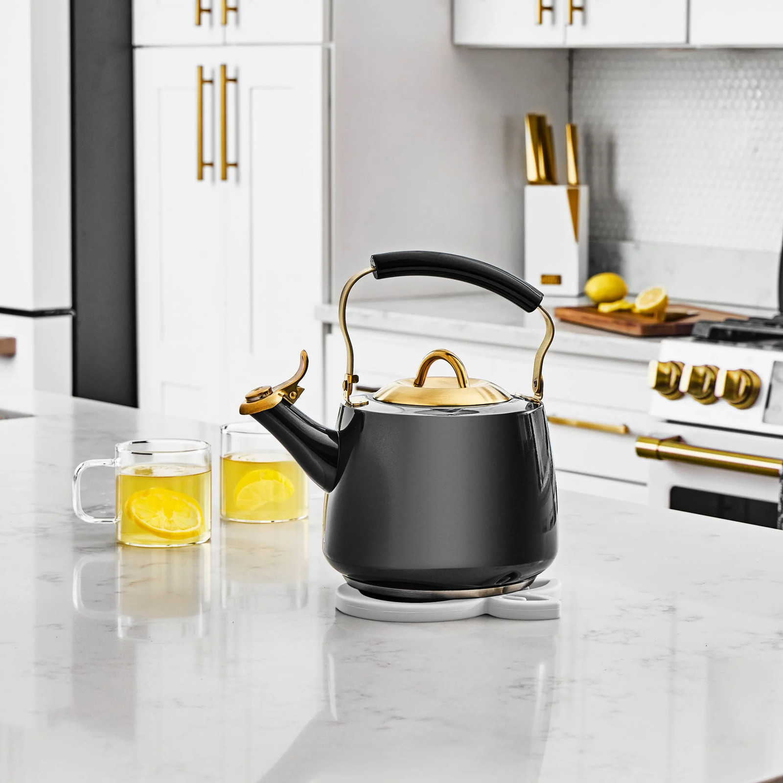 Stainless Steel 1.8L Stovetop Tea Kettle – Black & Gold