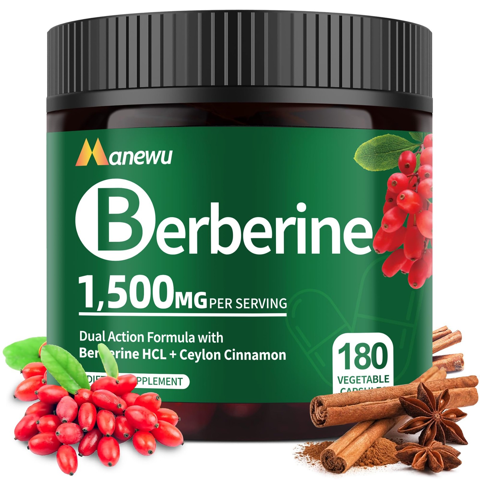 Manewu Berberine HCL 1500mg Complex – 180 Count (Pack of 1)