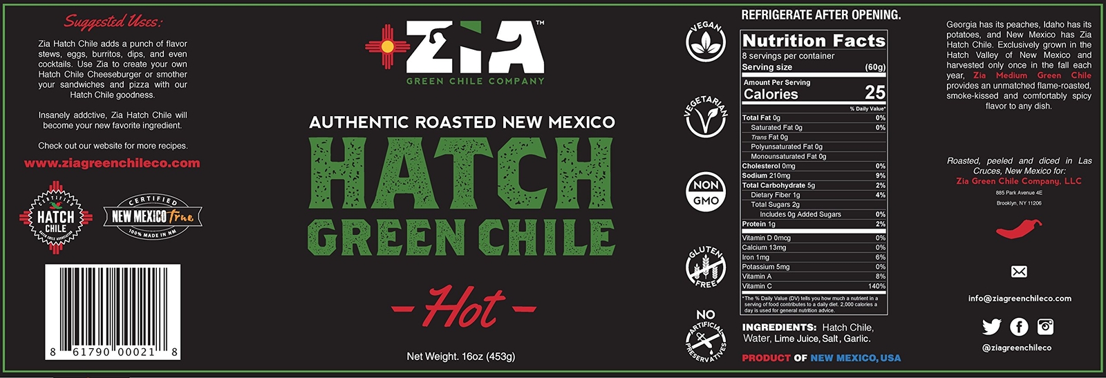 Hatch Green Chile Peppers 1 Pound Flame Roasted Diced Gluten Free Spicy Flavor