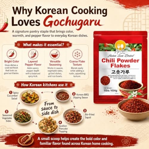 Korean Red Pepper Flakes Gochugaru, Sun-Dried Chili Powder for Kimchi, Stews, So