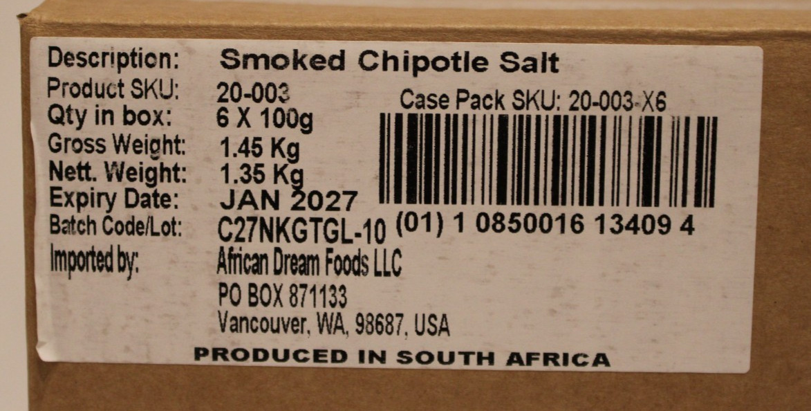 African Dream, Smoked Chipotle Salt – NEW, Sealed – Lot of 6 x 100g bottles