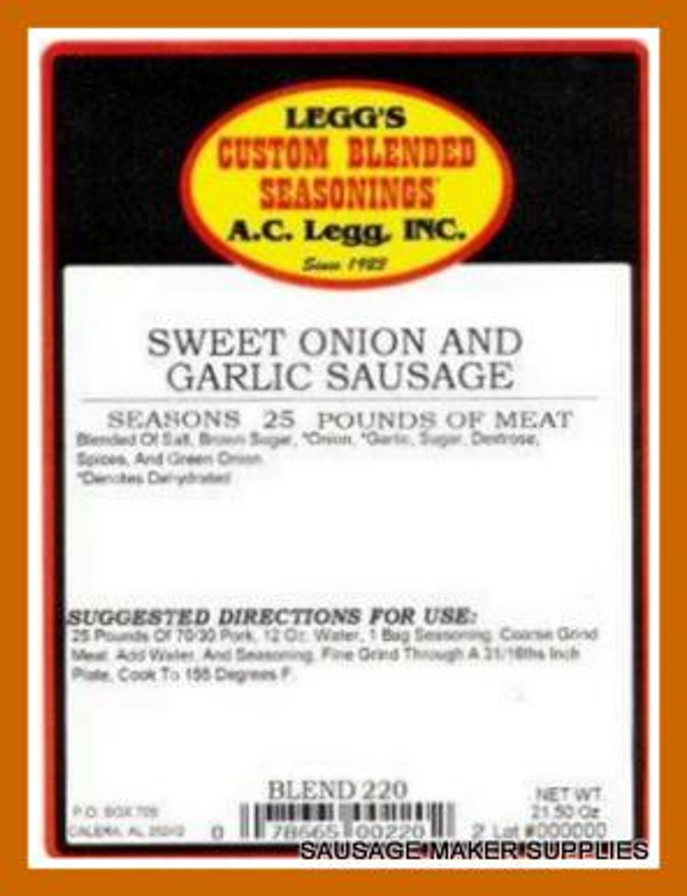 *Two Bags* Sweet Onion and Garlic Sausage Seasoning from AC Legg for 50 lbs