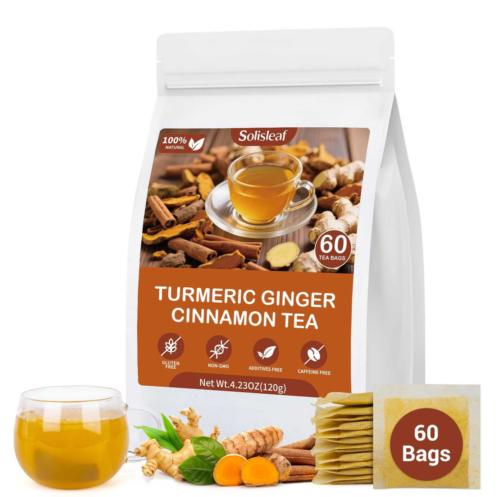 Turmeric Ginger Cinnamon Tea Bags, Pure Natural 60 Bags/1 Pack