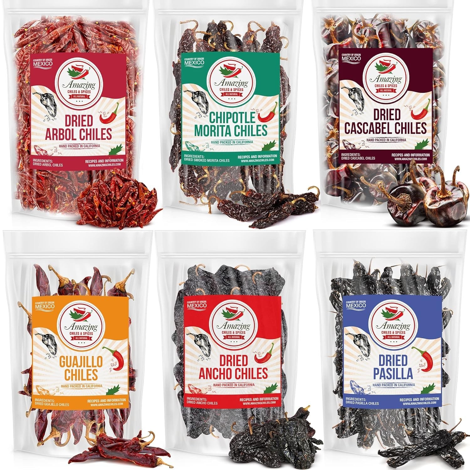 Dried Peppers 6 Pack Bundle -Ancho, Guajillo, Pasilla, Arbol, Chipotle, Cascabel