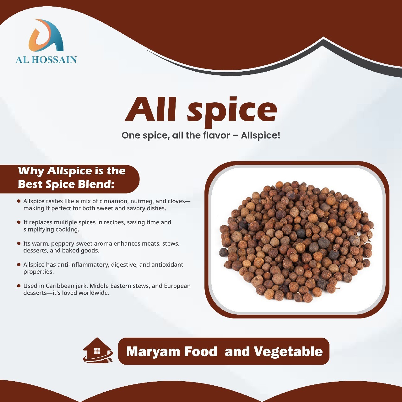 Al Hossain Guatemalan Allspice Whole 11 lb Bulk | Whole Pimento Berries for cook