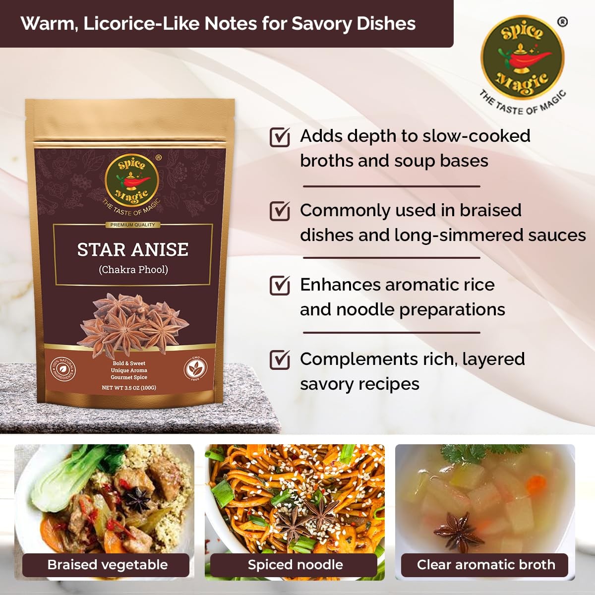 Spice Magic Star Anise Whole, Pods for Pho, Chai & Mulled Wine, 3.5oz (100g)
