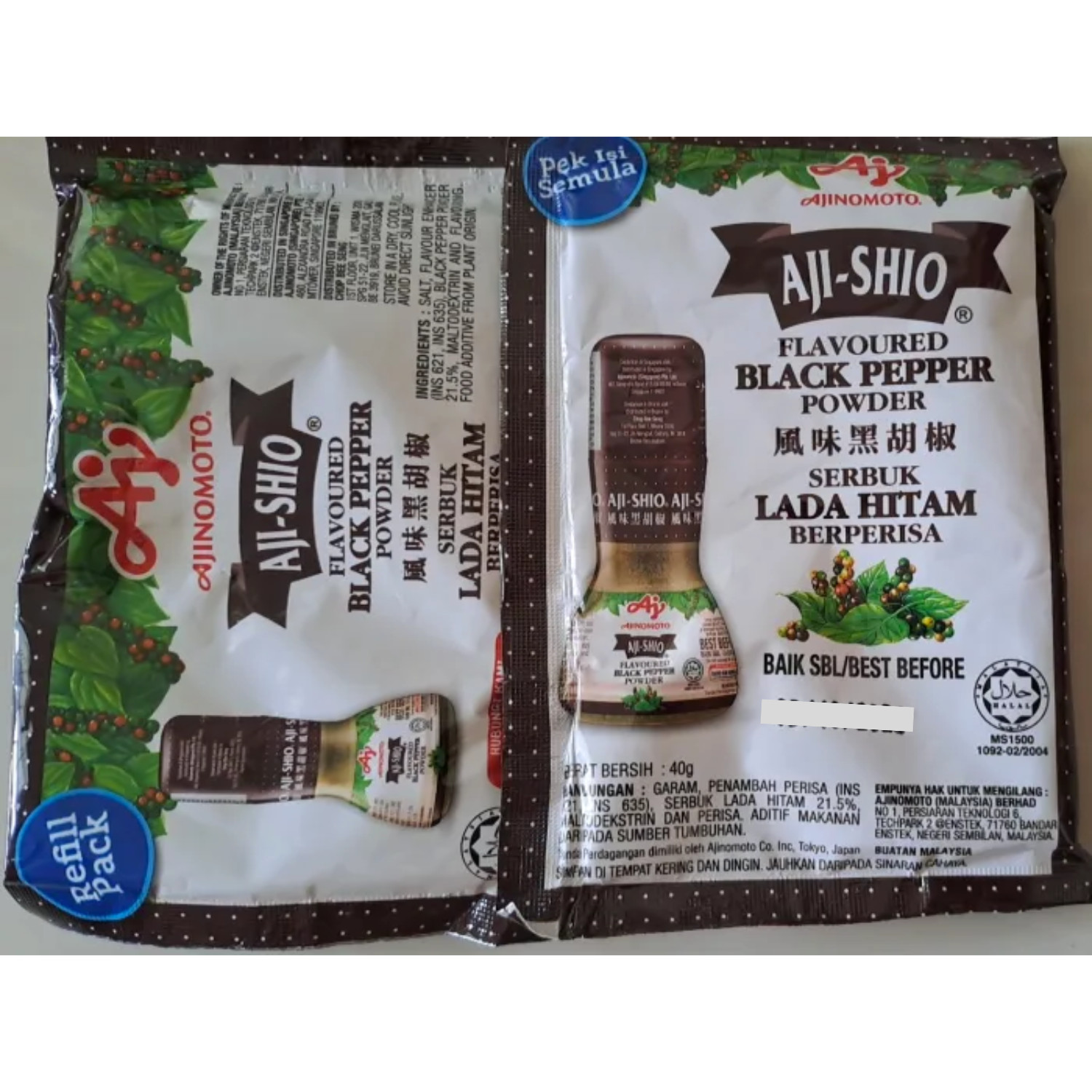 Aji-Shio DUO White Pepper x5 + Black Pepper x5 Refill Packs 40g (10 Packs Total)