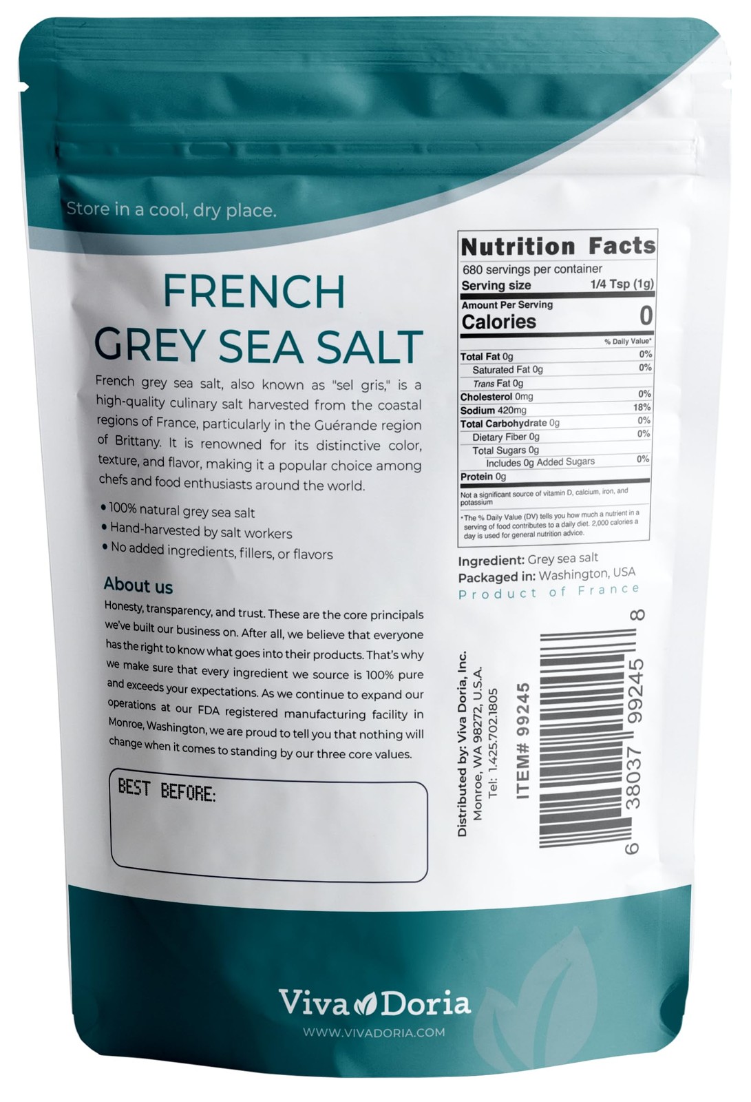 Viva Doria Sel Gris French Light Grey Sea Salt, 1.5 lb 24 Ounce (Pack of 1)