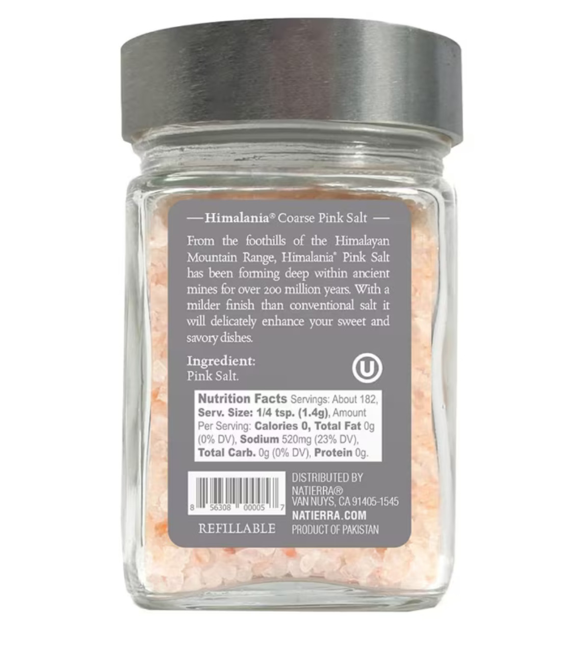 Natierra Himalayan Pink Salt 9oz Coarse Natural Sea Salt Refillable Jar NEW