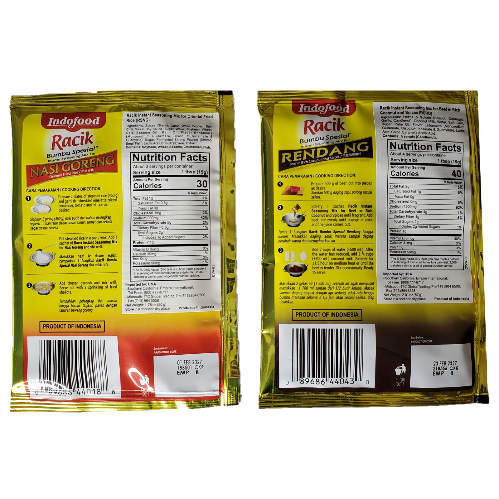 Indofood Instant Seasoning Paste Nasi Goreng Fried Rice and Rendang Beef 2 Pack