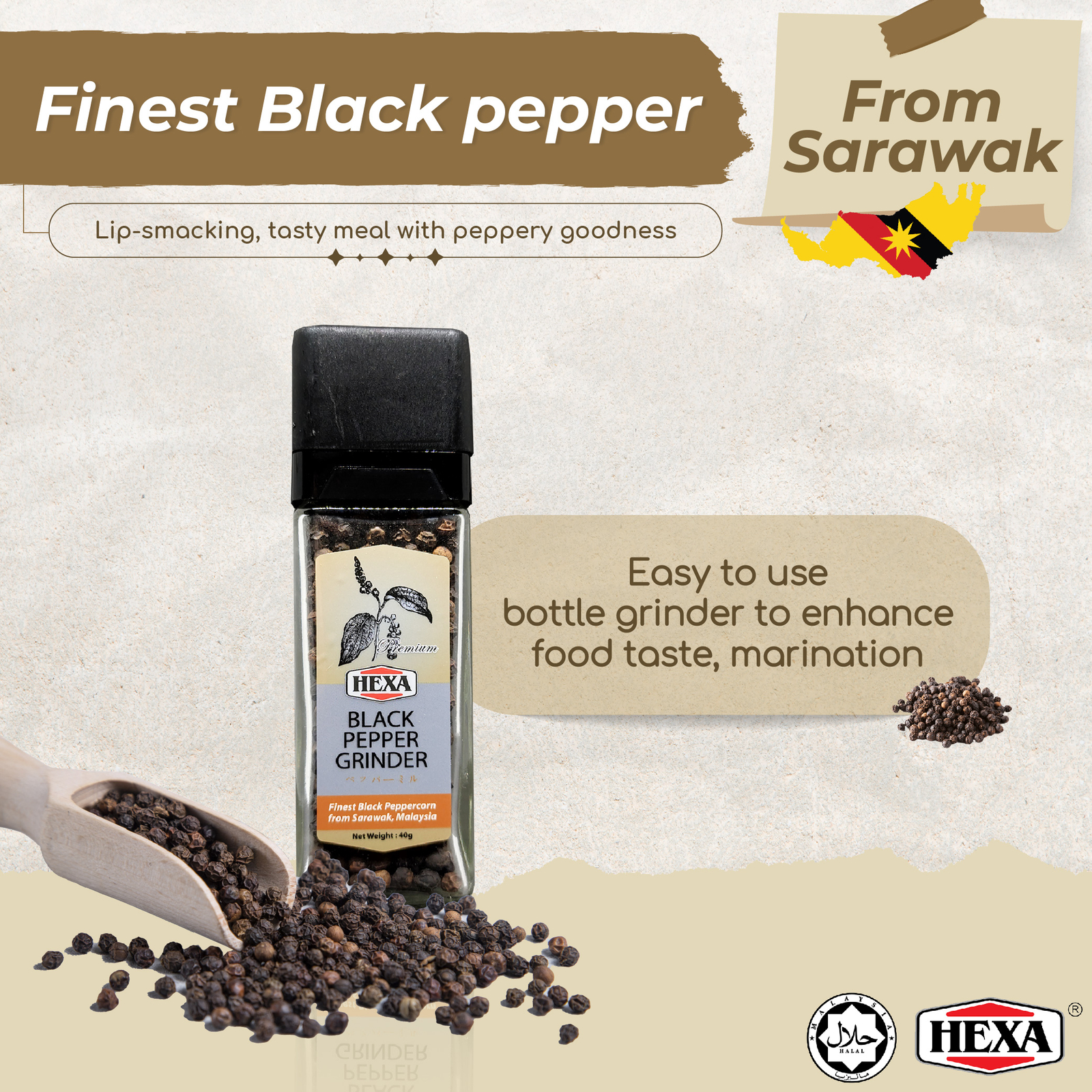 5x HEXA Sarawak Blackpepper Grinder 1.4oz Enhance Taste Pasta, Noodles, Sauce