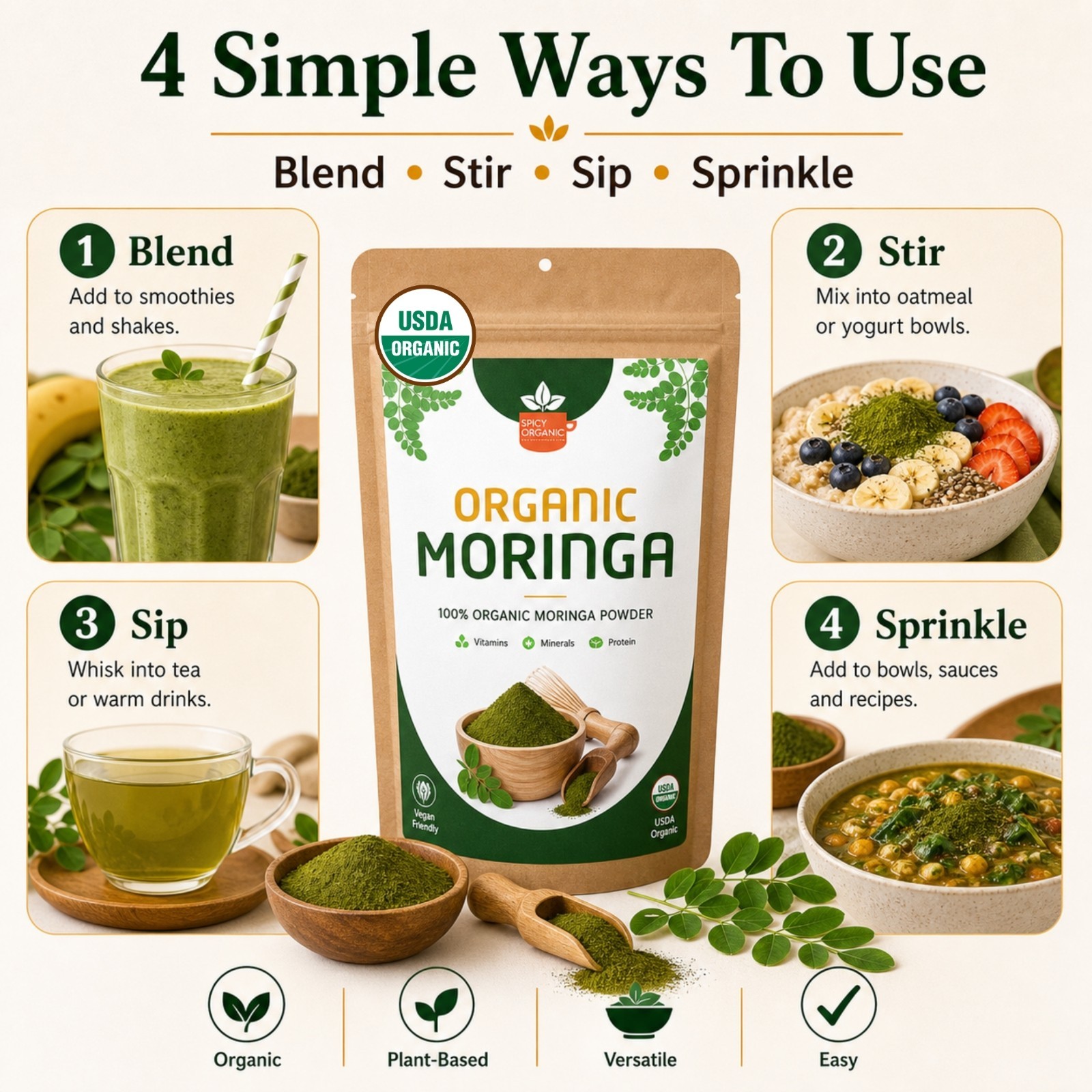 Spicy Organic Moringa Powder 16 oz | USDA Organic