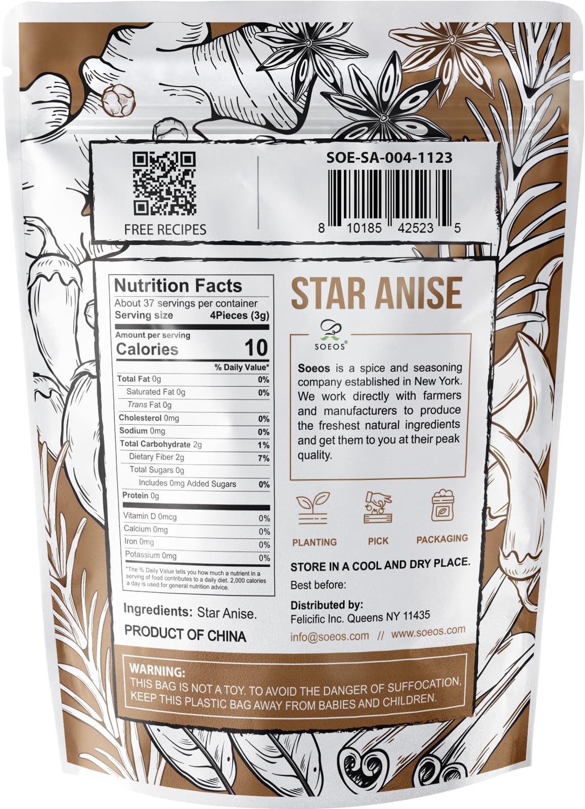 Soeos Chinese Star Anise, 4oz (113g), Whole Anise Pods for 4 oz (113g)