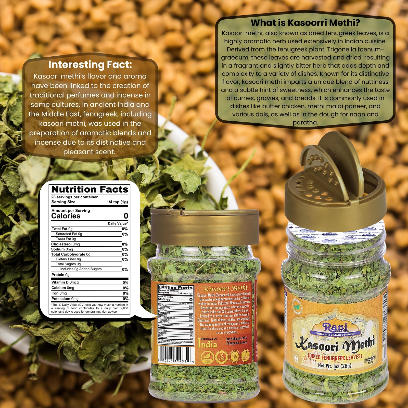 Rani Fenugreek Leaves Dried (Kasoori Methi) 1oz (28g) 0.98 Ounce (Pack of 1)