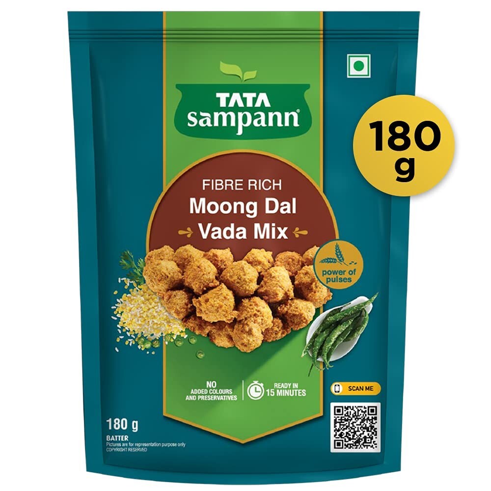 Tata Sampann Fibre Rich Moong Dal Vada Mix, Instant Ready to Cook Mix, 180g