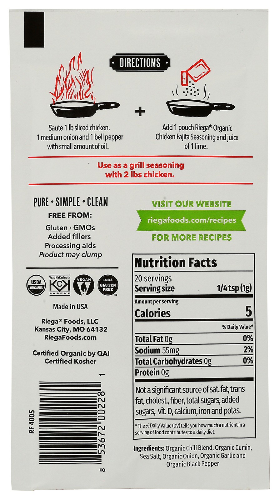 Riega Chicken Fajita Organic Seasoning Mix 0.71 Oz 71 8 Pack