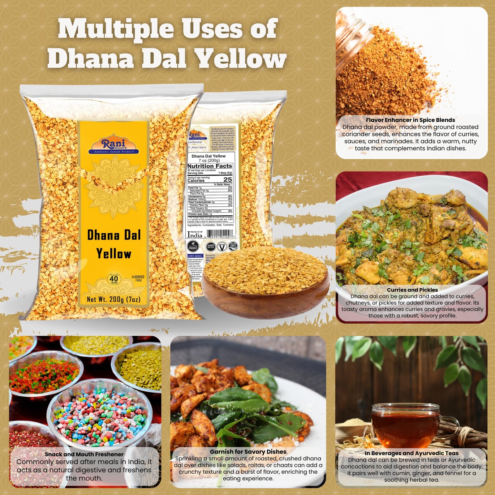 Rani Dhana Dal (Roasted Coriander Seeds) Yellow 7oz (200g)