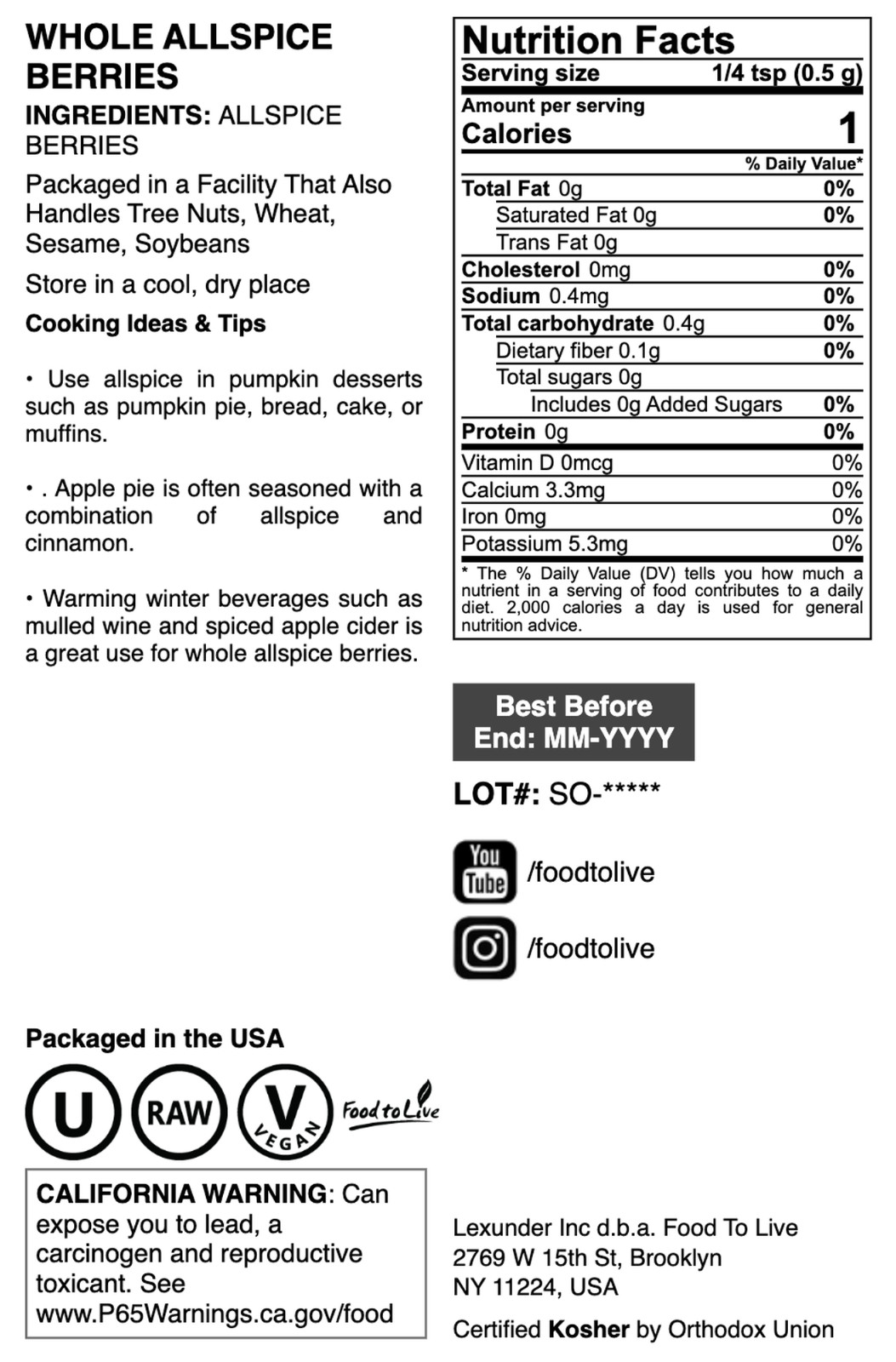 Whole Allspice Berries – Kosher, Raw, Vegan – by Food To Live