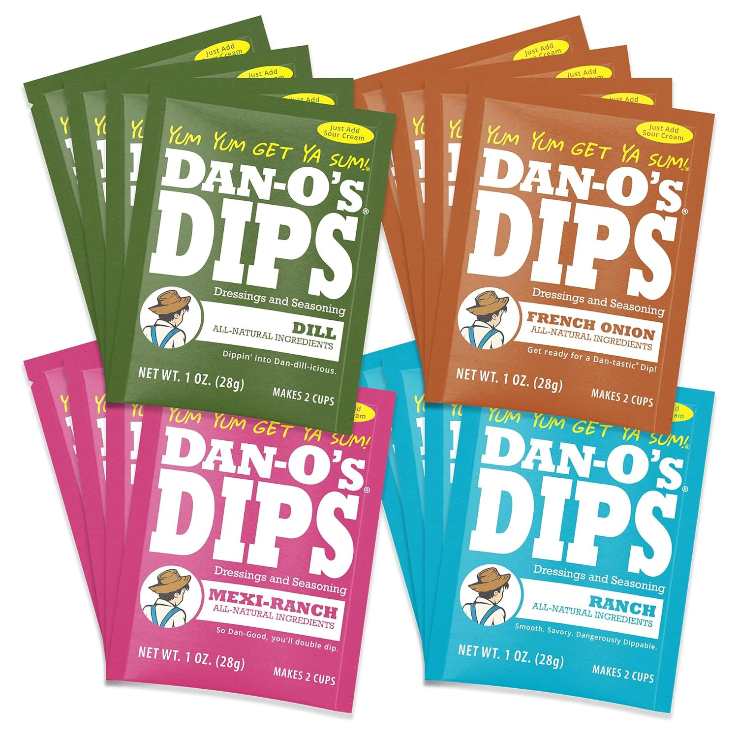 Dan-O’S Dips Variety Pack (16 Pack) – Ranch, Mexi-Ranch, French Onion & Dill Dip