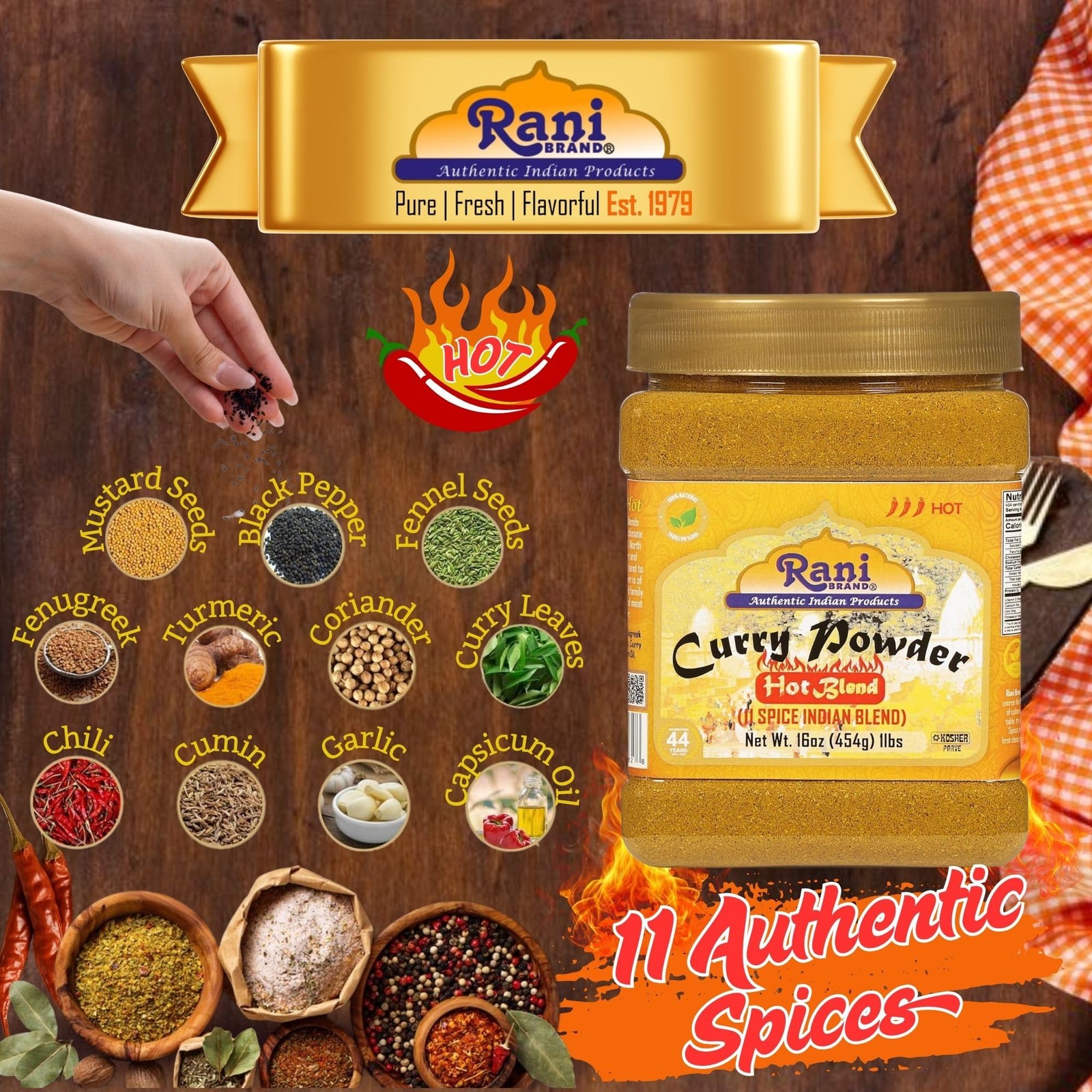 Rani Curry Powder Hot (11-Spice Authentic Indian Blend) 16oz (1lb) 454g PET Jar