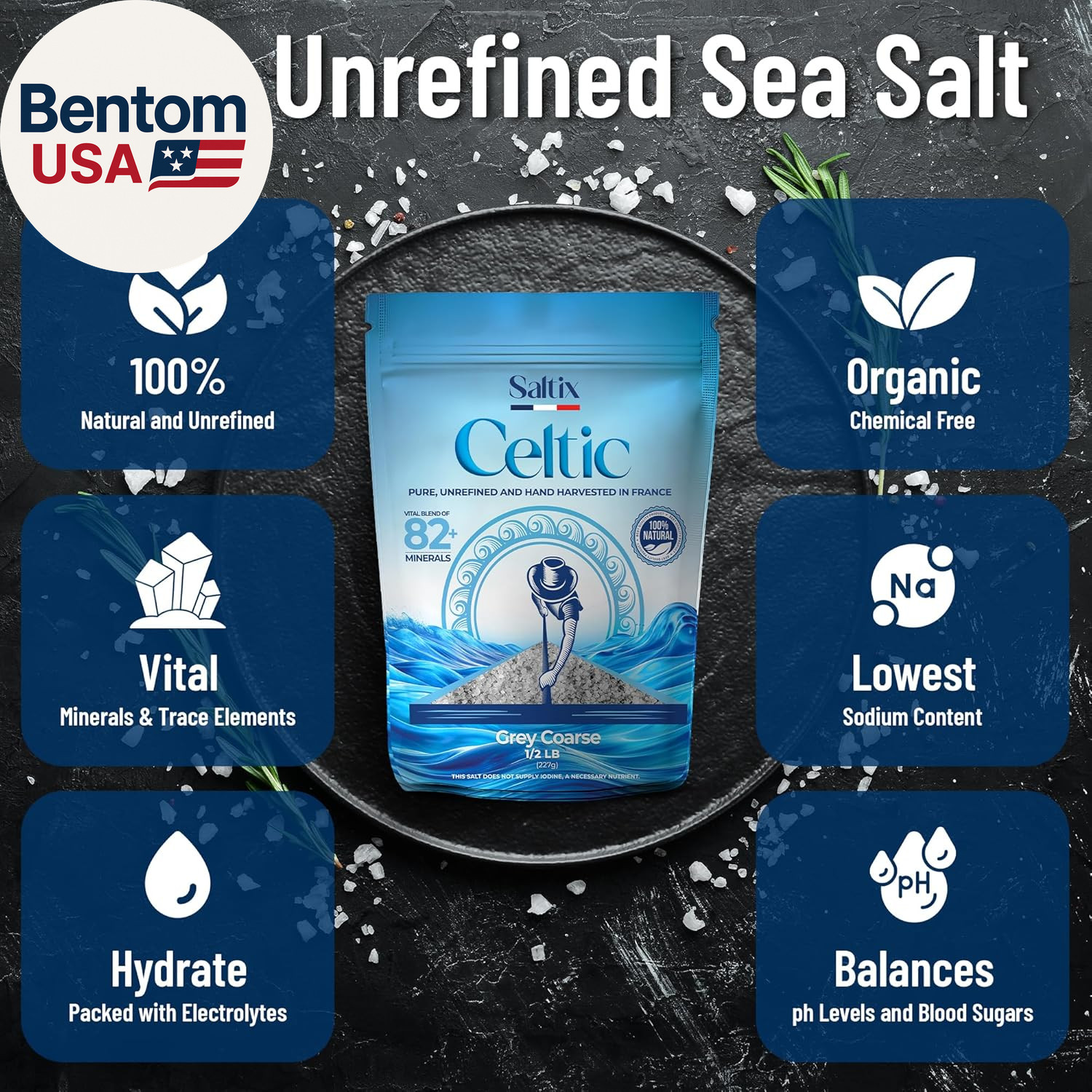 Grey Coarse Sea Salt 1/2 Lbs (8Oz) from the Celtic Region of France, 100% Natura