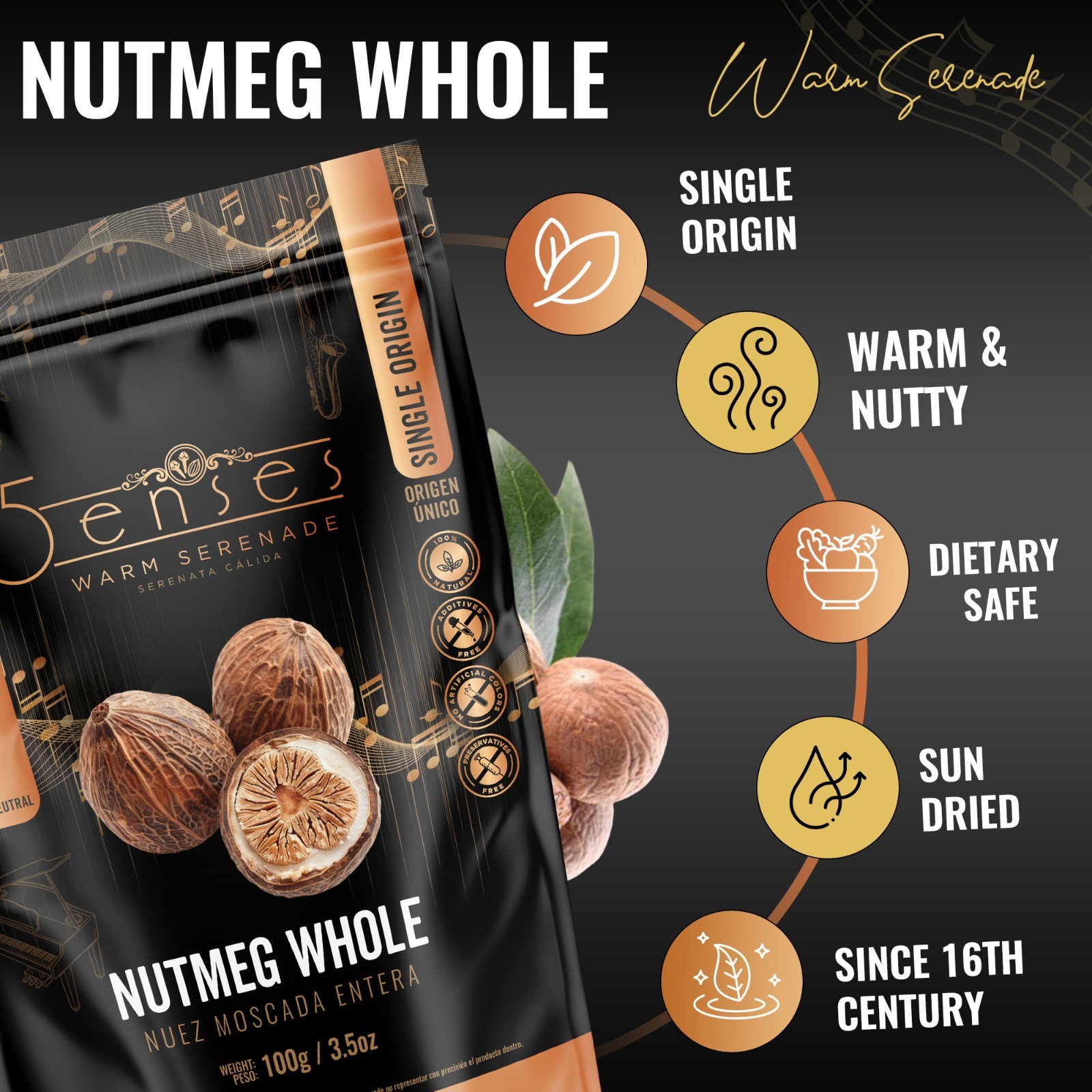 5Senses Nutmeg Whole | Nuez Moscada | Single Origin Non-GMO, Fairtrade