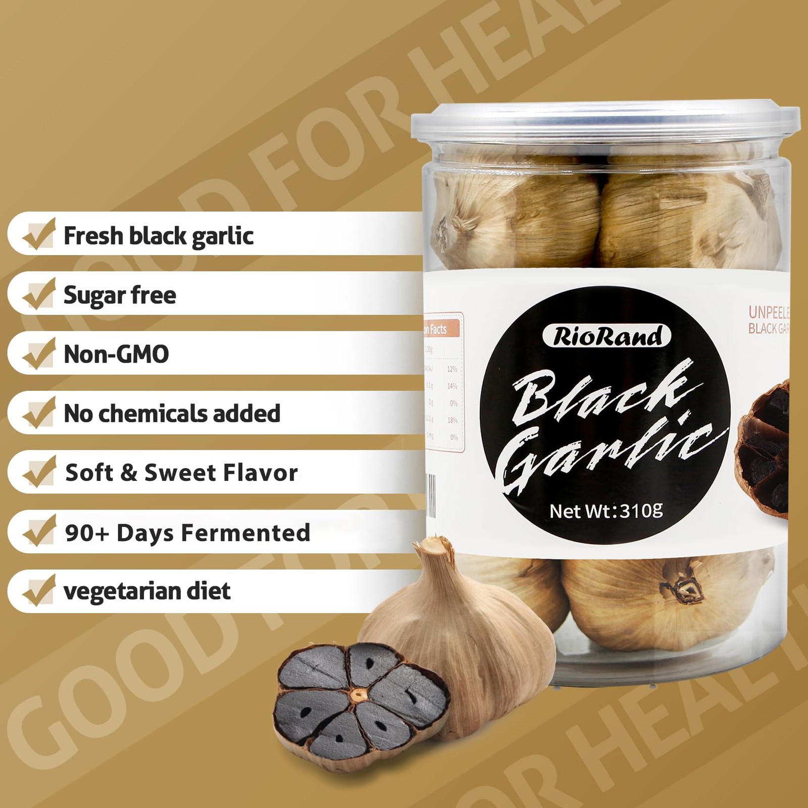RioRand Black Garlic Whole & Peeled 90-Day Fermented Ready to Eat 320g&0.7 Lbs