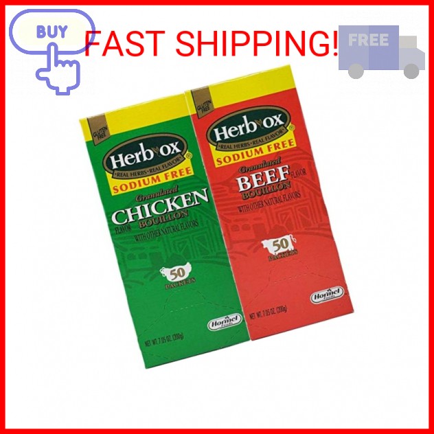 Herb-Ox Sodium Free Bouillon Bundle,`Beef and Chicken, 100 Total Packets