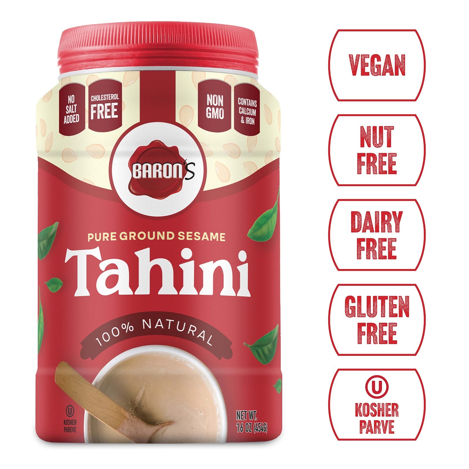 12 Pack 1 Pound Baron s Kosher 100% Pure Ground Sesame Tahini 16-ounce Jars-NEW